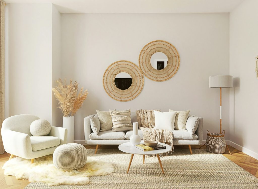 Living room with sofa, coffee table and a large mirror
